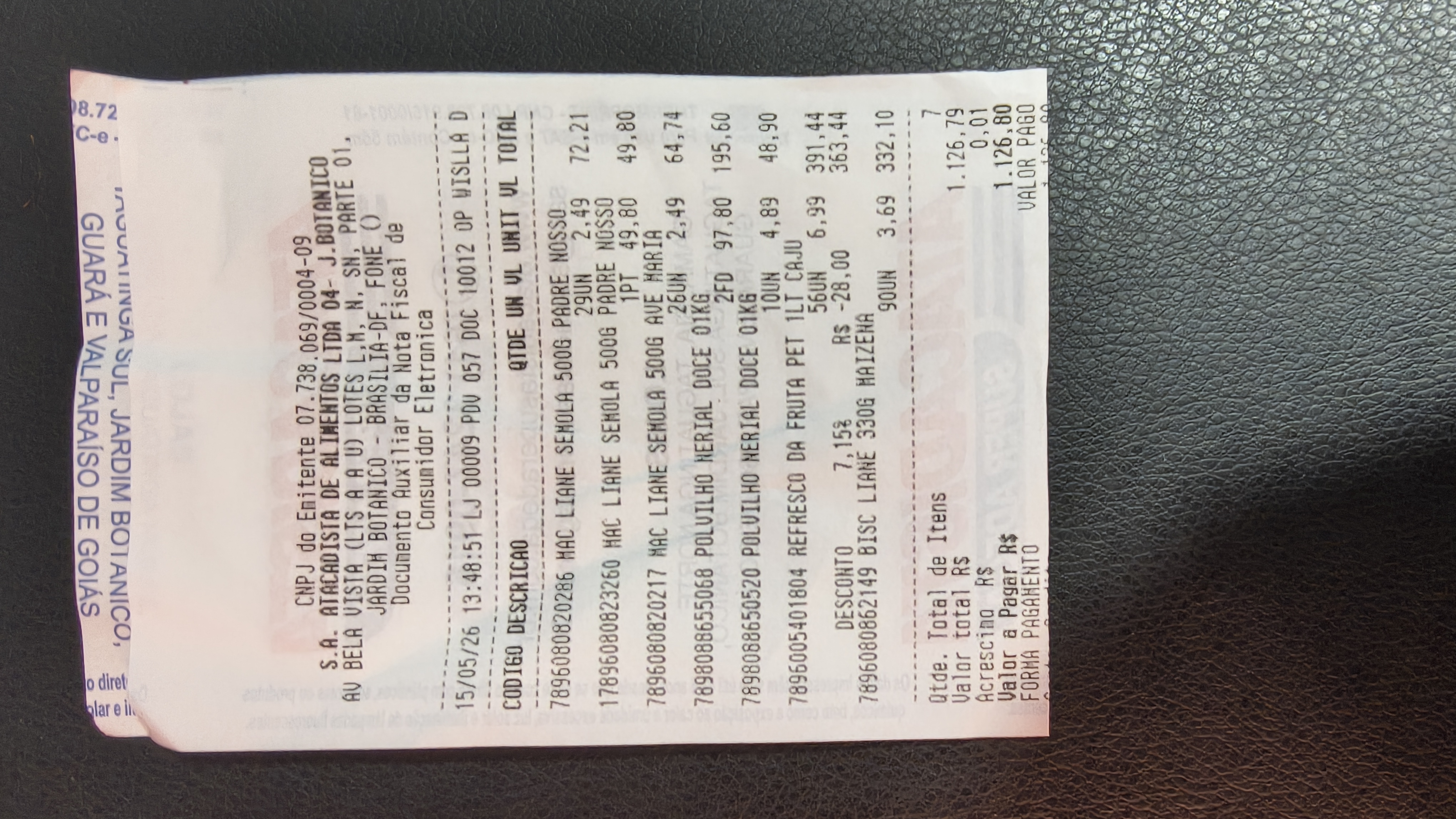 Nota fiscal do supermercado comprovando a compra dos mantimentos