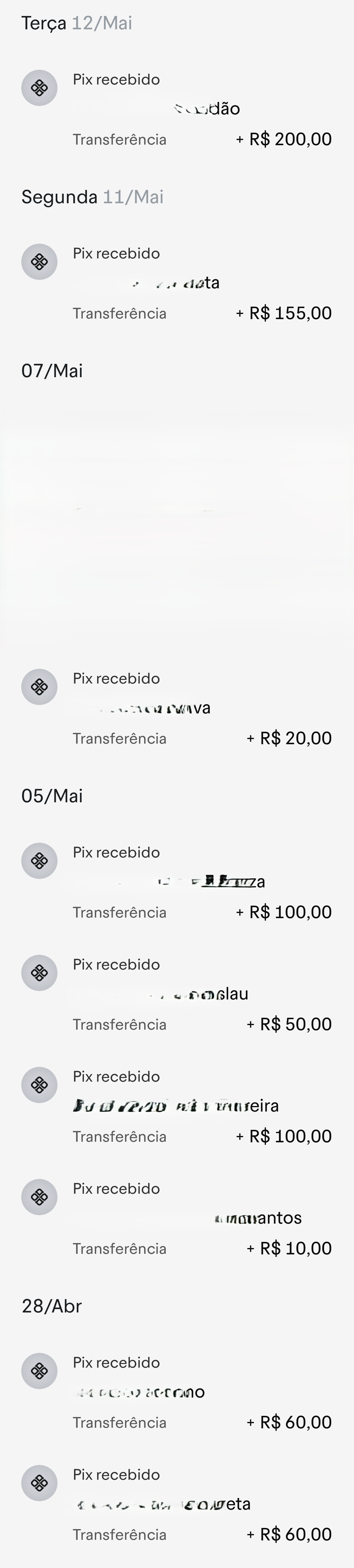 Extrato bancário com valores das doações e identidades ocultadas